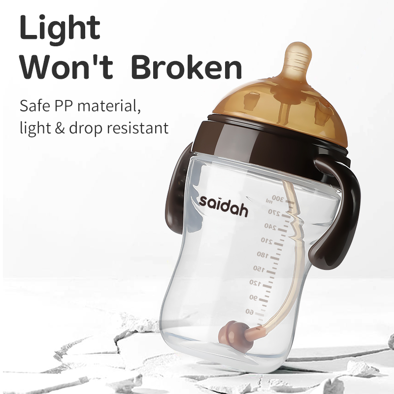 Garrafa de bebê de pescoço largo com sensação natural e aberturas duplas